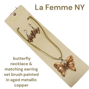La Femme NY butterfly necklace & matching earring set in aged metallic copper